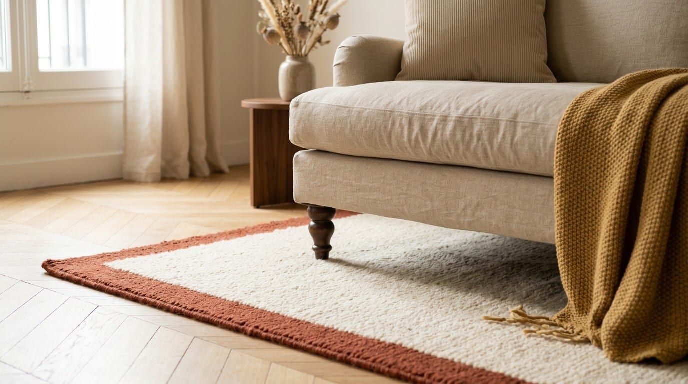 Tapis de laine crème à bordure terracotta sous un canapé en lin sable, salon ensoleillé