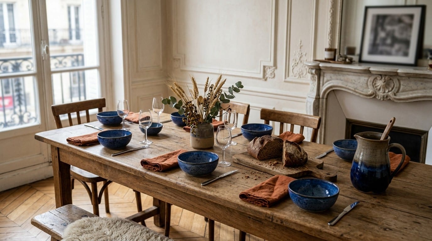 Longue table en chêne dressée pour un repas partagé, bols bleu cobalt et serviettes orange