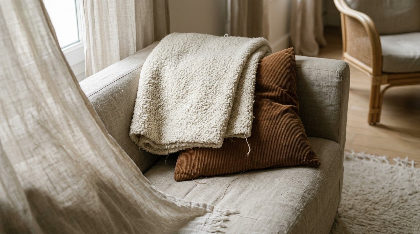 Plaid en bouclé crème posé sur un coussin en velours côtelé rouille