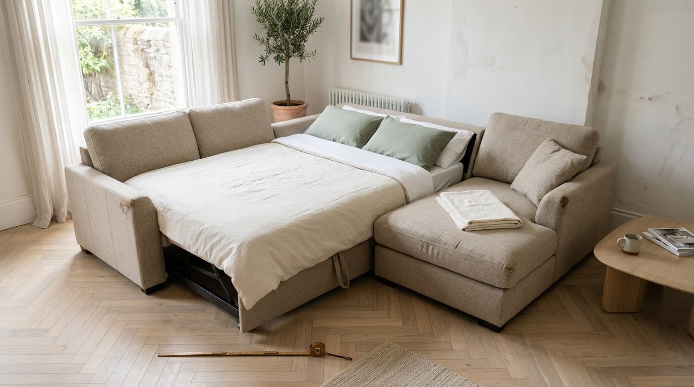Canapé d'angle convertible déplié en couchage sur parquet en chevrons, table basse écartée, lumière douce