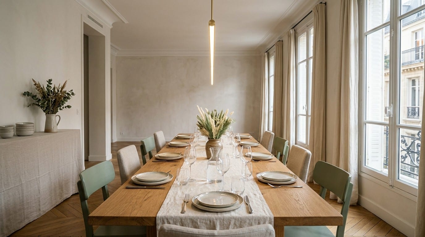Longue table de chêne sous une suspension linéaire en laiton, dans un appartement lumineux