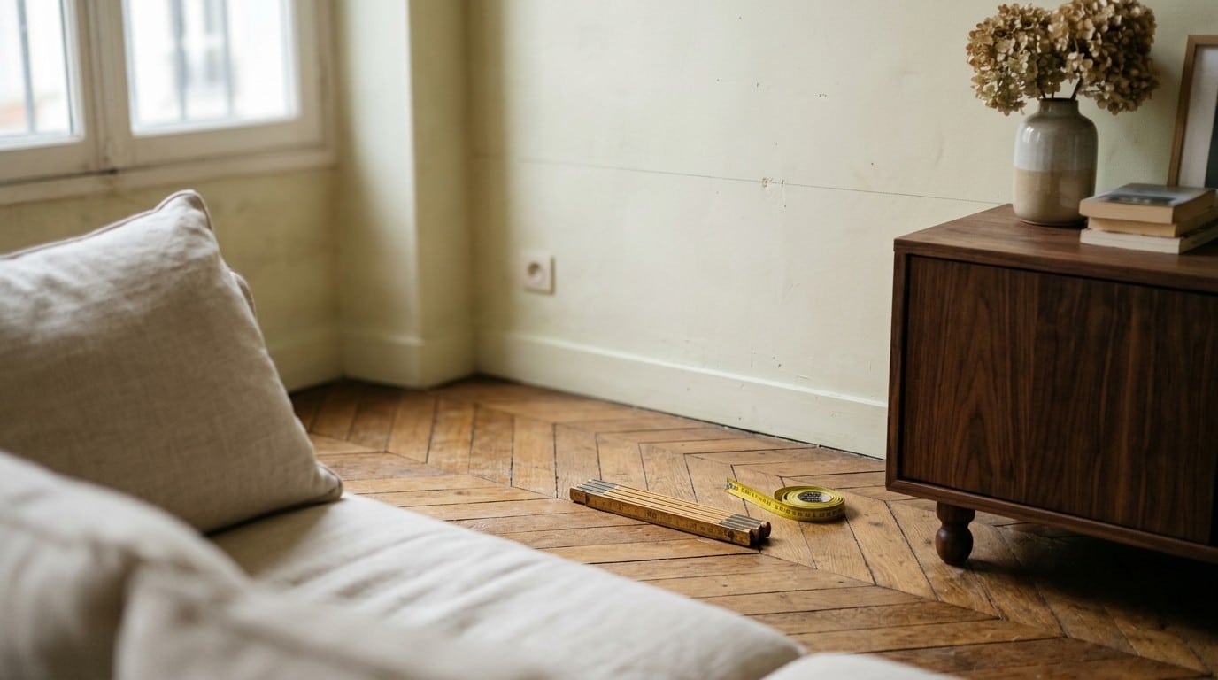 Règle pliante et mètre ruban sur parquet en chevrons, près d'un meuble TV en noyer