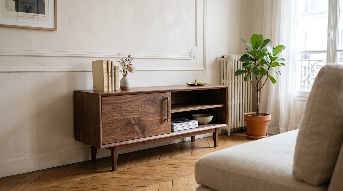 Moins de 120 cm : les meubles TV en noyer qui libèrent l&rsquo;espace
