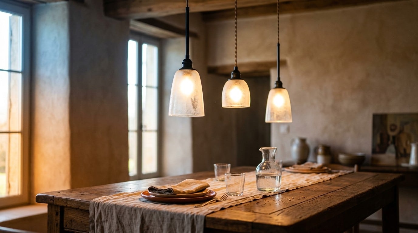 Trois suspensions en fer noir à abat-jour de verre dépoli au-dessus d'une table en chêne