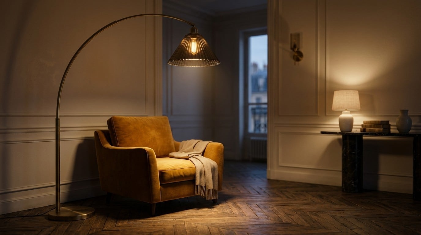 Lampadaire en laiton à abat-jour plissé dans un salon haussmannien, éclairant un fauteuil moutarde vide
