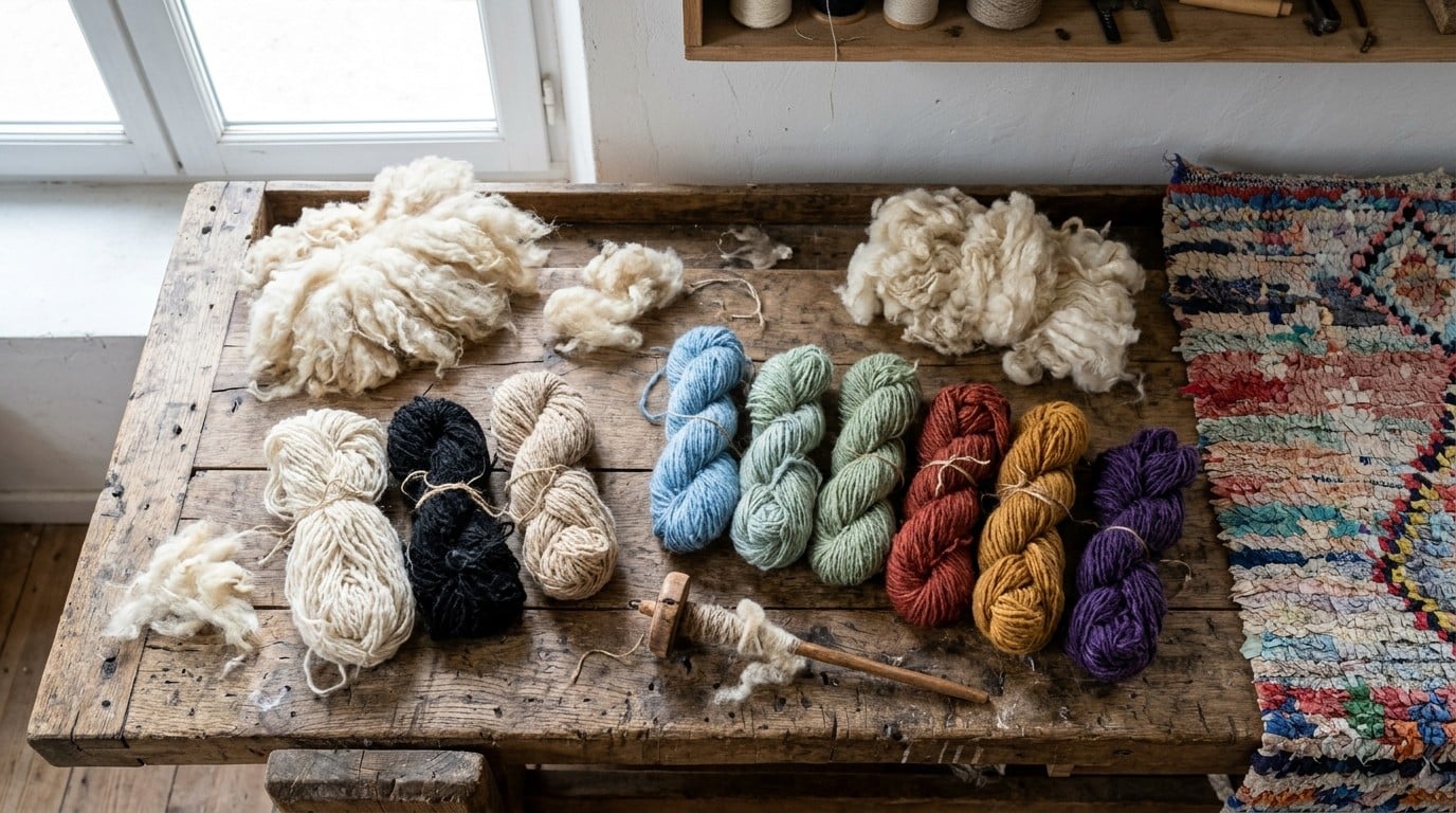 Laines brutes, écheveaux colorés et tapis boucherouite sur un établi en chêne vu d'en haut
