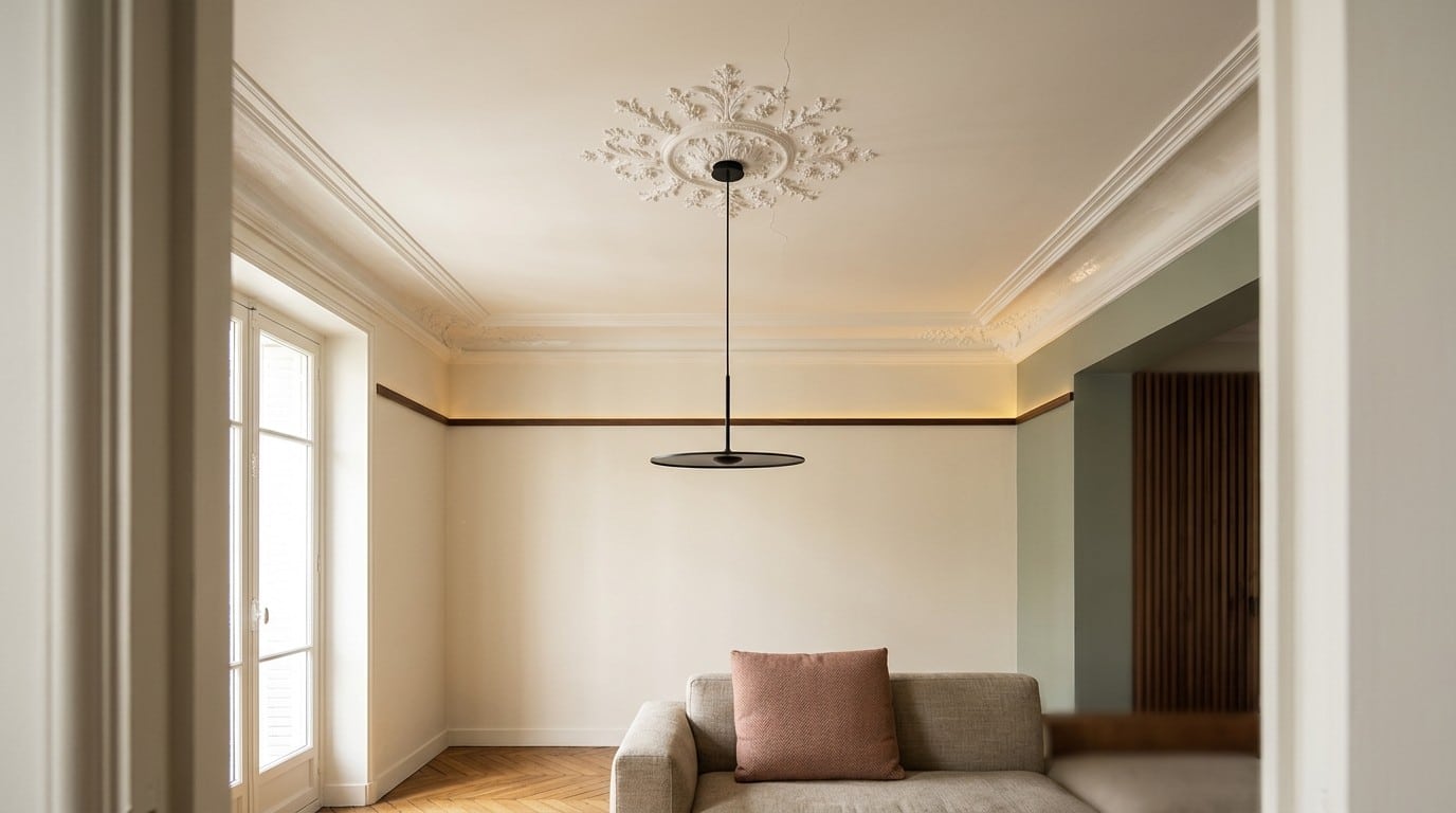 Rosace en plâtre et pendentif noir au plafond haussmannien, vue en contre-plongée depuis une porte