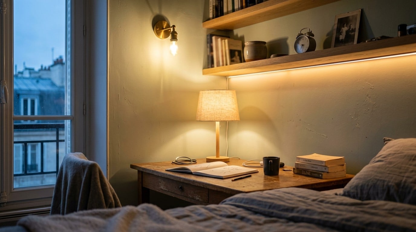 Lampe à abat-jour et applique en laiton éclairant un bureau en chêne usé le soir