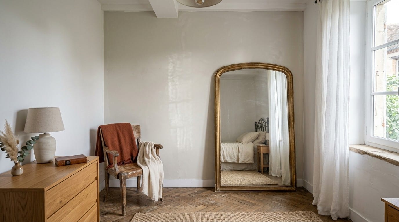 Chambre étroite au grand miroir arqué, plaid terracotta sur chaise en bois, lumière matinale douce
