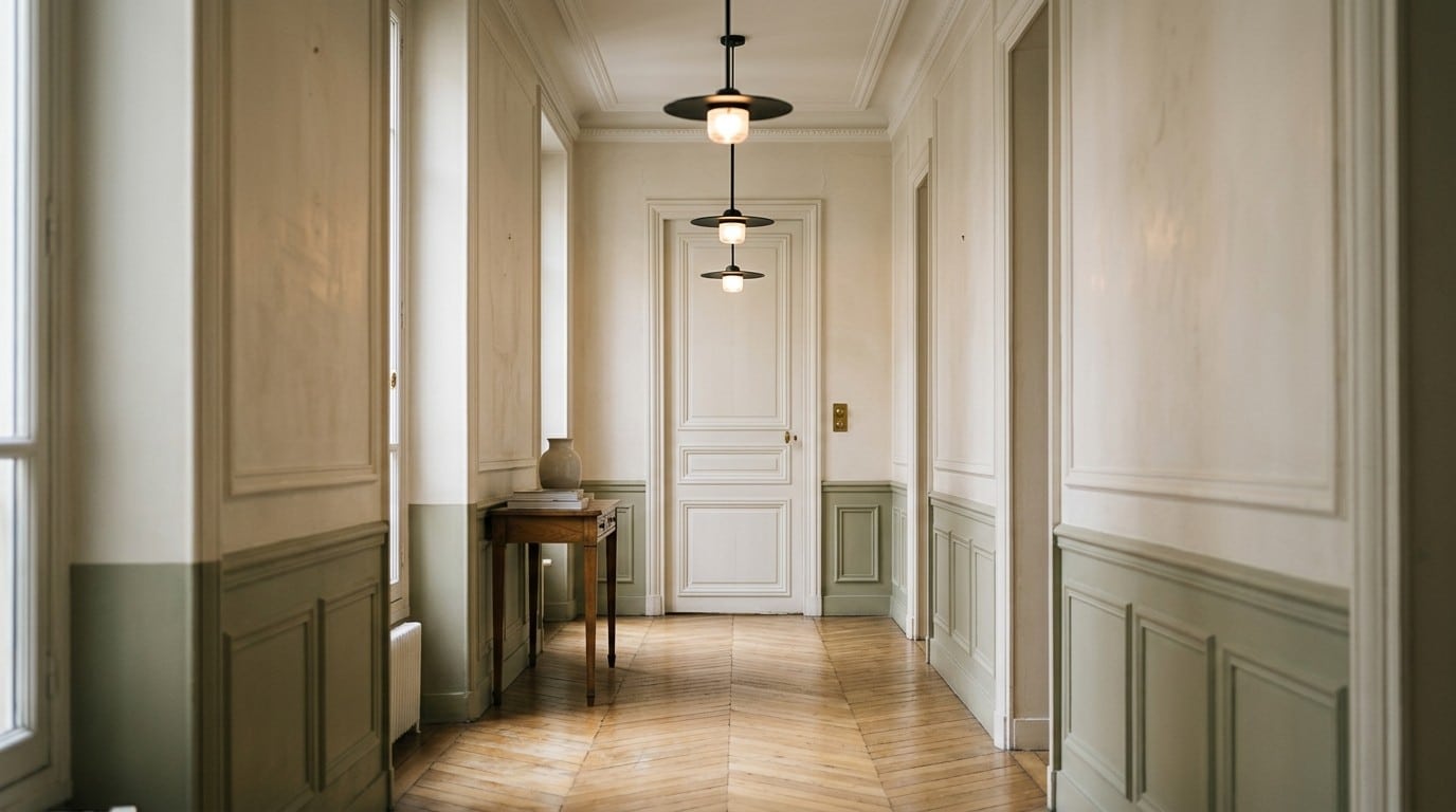 Long couloir haussmannien au parquet de chêne, trois suspensions noires alignées vers une porte blanche