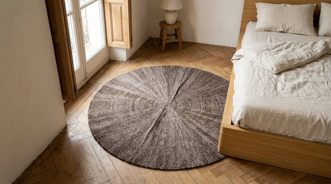 Tapis rond en laine taupe près d'un lit en chêne pâle, baigné de lumière matinale