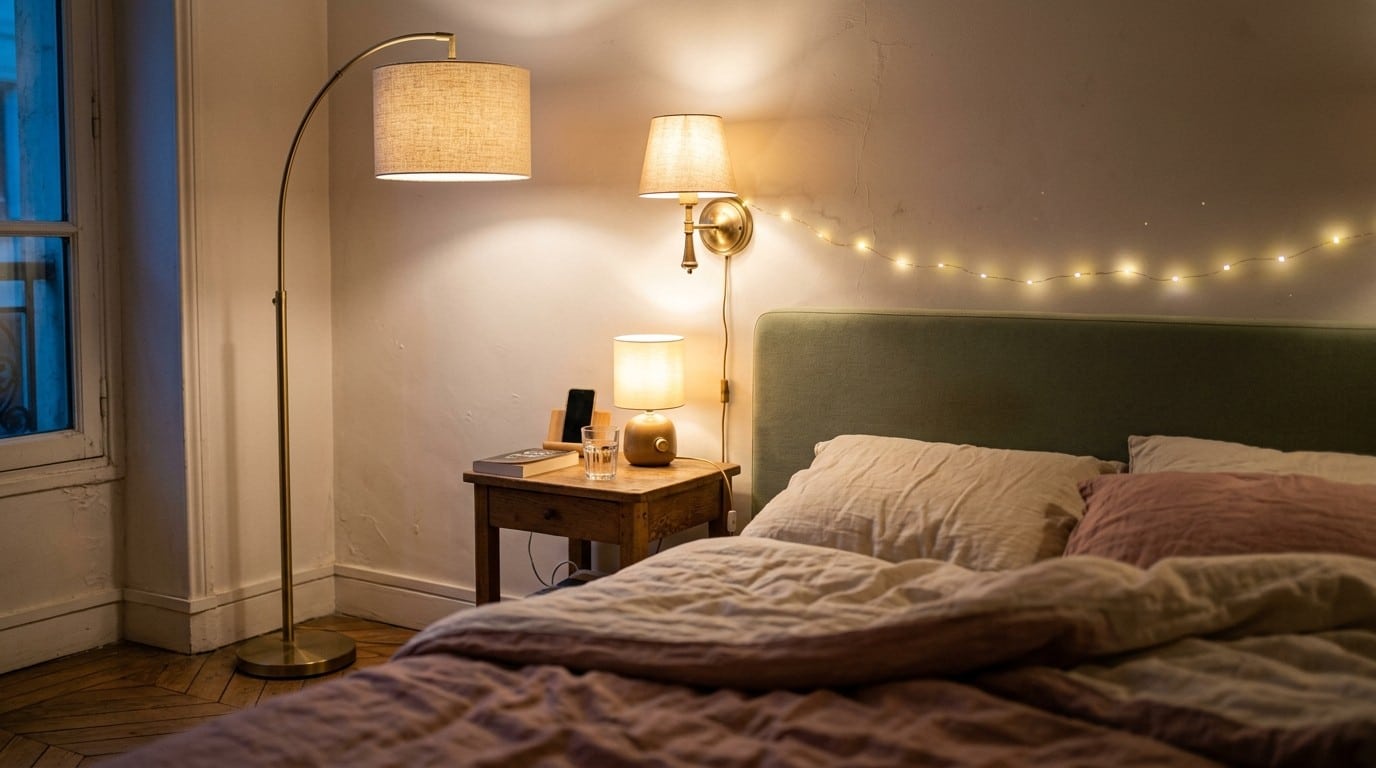 Coin de chambre d'adolescente la nuit, éclairé par un lampadaire en laiton et une guirlande lumineuse chaleureuse