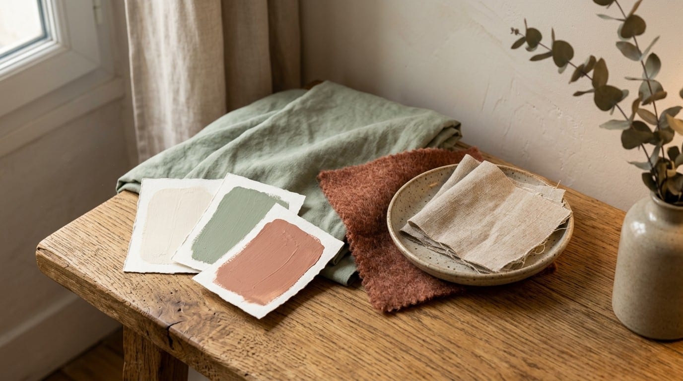Échantillons de peinture crème, vert sauge et terracotta sur chêne, avec textiles de lin