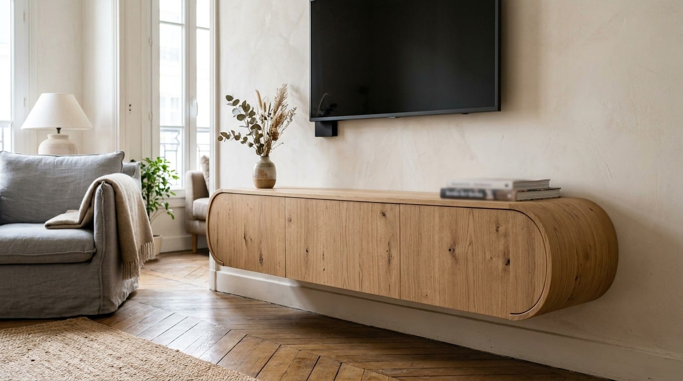 Meuble TV arrondi suspendu : les fixations qui garantissent la sécurité