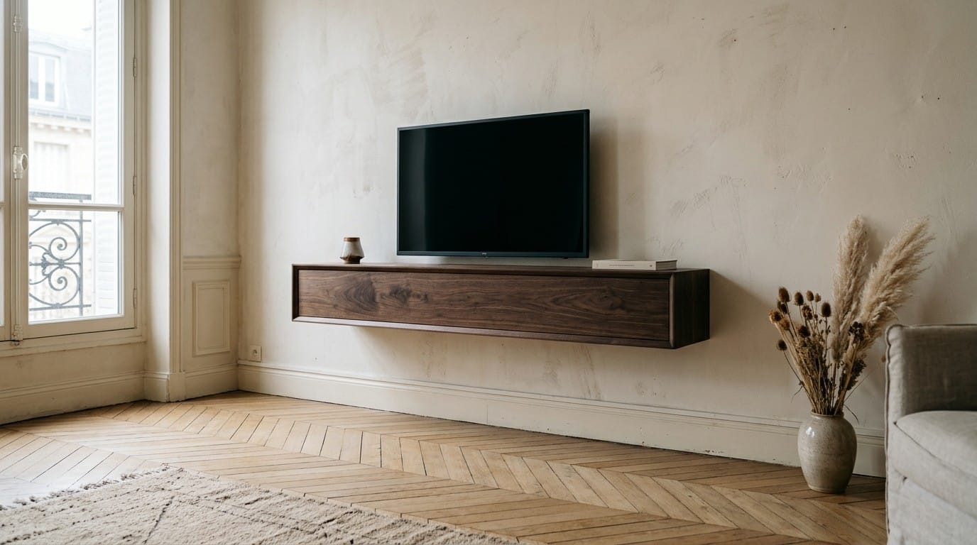 Meuble TV suspendu en bois brun sur un mur de plâtre, sol en chêne clair