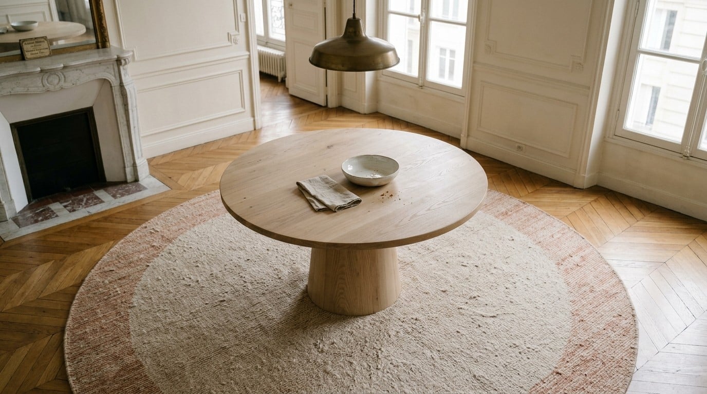 Table ronde en frêne sur tapis circulaire en laine, dans un salon haussmannien lumineux