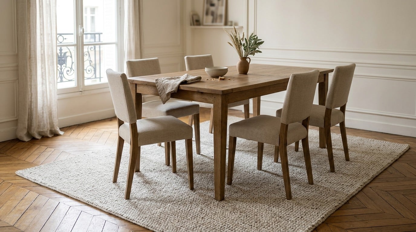 Quelle taille de tapis sous une table à manger ? La règle des 60 cm qui ne trompe jamais