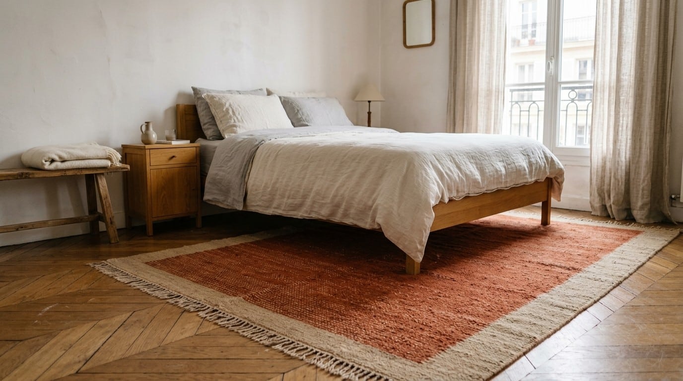 Tapis en laine terracotta sous un lit en lin, lumière matinale entrant par la fenêtre