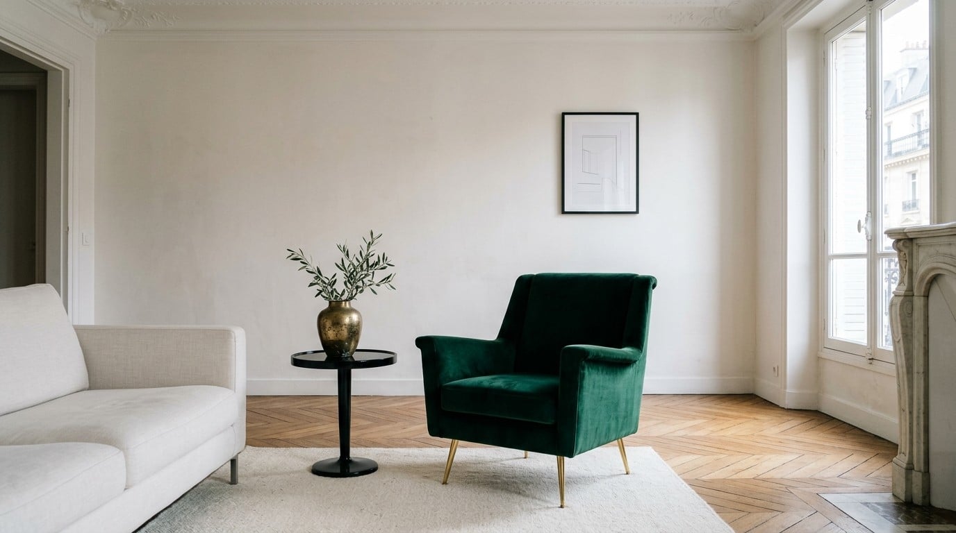 Salon haussmannien épuré, fauteuil en velours émeraude face à un canapé ivoire sur tapis crème